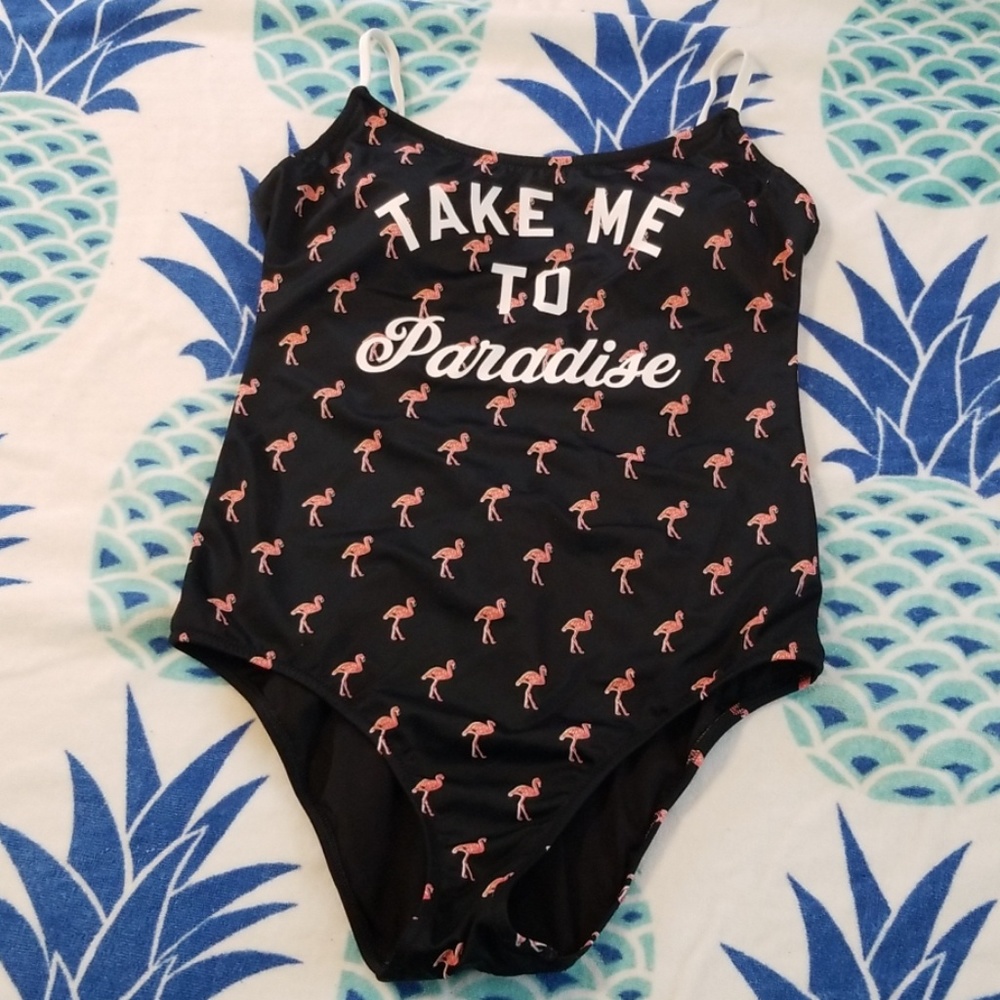 'Take me to Paradise' flamingo one piece swim suit